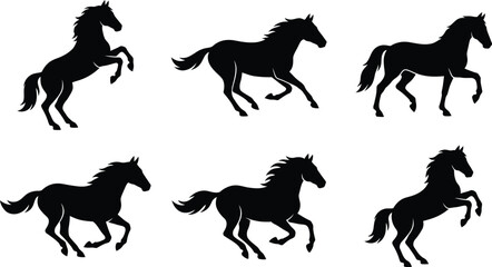 Set of wild black horse silhouettes galloping and rearing. © Hasan