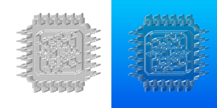 microchip processor technology computer cpu circuit glossy 3d glass render isolated transparent icon blue modern digital tech hardware