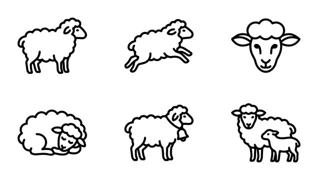 Minimalist sheep line icon set, 6 farm animal vector illustrations, cute lamb and ewe outline graphics for agriculture and textile branding