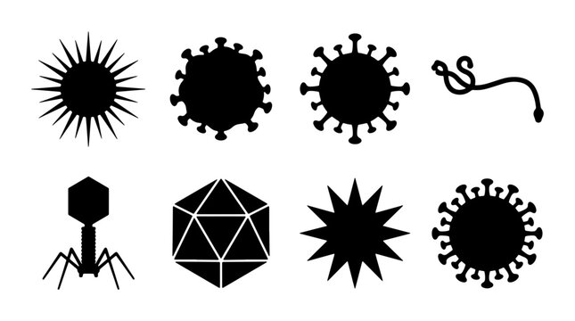 Microscopic virus silhouette icons set, 8 black pathogen and bacteria vector elements, medical microbiology science symbols for healthcare infographics