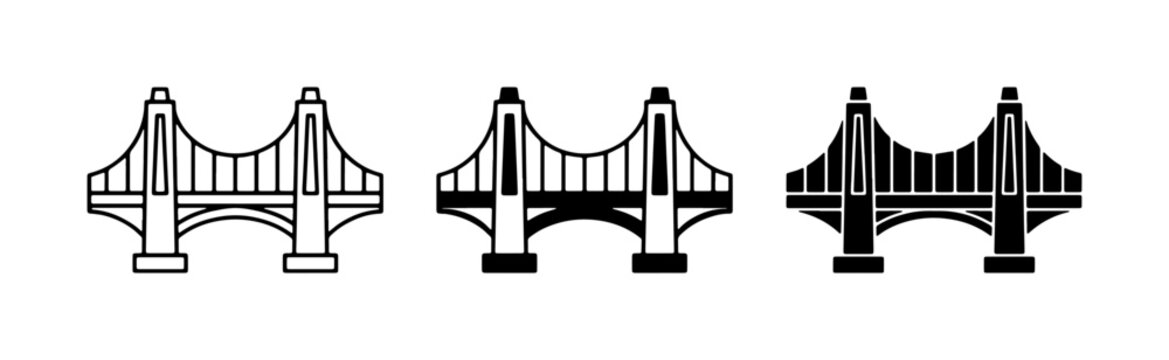 Suspension bridge icon set in black and white, minimalist bridge vector illustrations, architectural landmark symbols for urban infrastructure and travel design