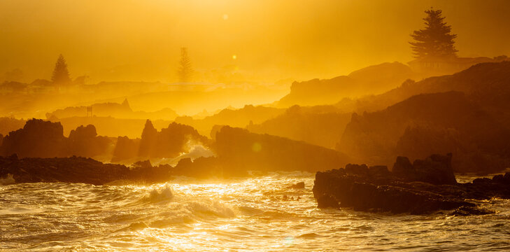 beautiful rugged rocky coastline of Kammabaai Beach, Hermanus, South Africa at sunset and dusk