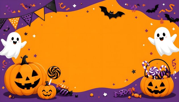 Cute Halloween Flat Vector Party Frame Background Template with Friendly White Ghosts Carved Pumpkins Sweets Lollipop Candy and Bats with Orange Copy Space