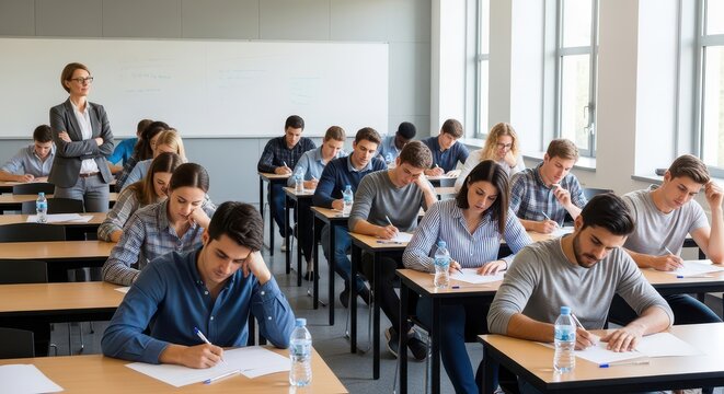 Students diligently working on exams in a bright, modern classroom, capturing focus and academic determination.