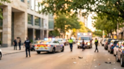 Fototapeta premium Blurred emergency scene police car ambulance first responders city street accident response sirens bokeh abstract background public safety