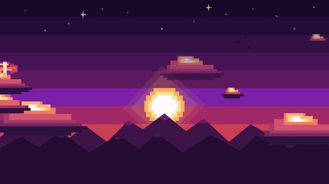 Pixel art sunset over mountains with purple starry sky in a retro 8-bit gaming style landscape