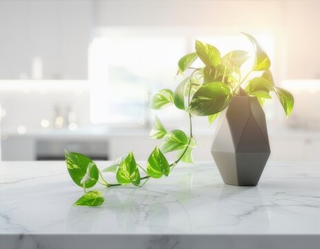 Variegated pothos vine in a geometric gray vase on a white marble counter, glowing in soft sunlight against a bright minimalist kitchen with airy copy space.