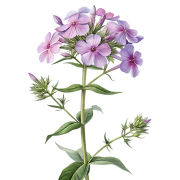 Beautiful light purple garden phlox flower blooming on a green stem isolated on transparent background