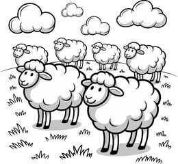 Obraz premium Flock of sheep in a field, black and white illustration for coloring book