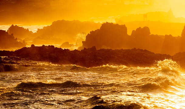 beautiful rugged rocky coastline of Kammabaai Beach, Hermanus, South Africa at sunset and dusk