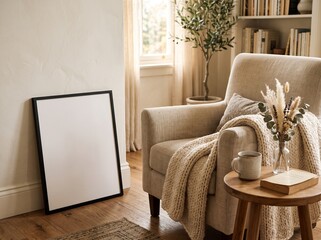 Cozy living room with blank frame and armchair setup. © salfuddin
