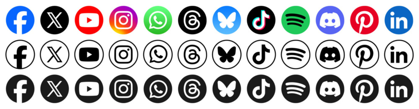 Social media icons vector collection 2026. social media logos png. facebook, X , youtube, instagram, whatsapp, threads, bluesky, tiktok, spotify, discord, pinterest, linkedin
