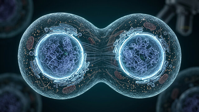 3D medical illustration of telophase and cytokinesis showing nuclear envelope reformation and cleavage furrow formation
