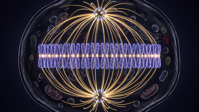3D medical illustration of metaphase (mitosis) showing chromosomes aligned along the equatorial metaphase plate