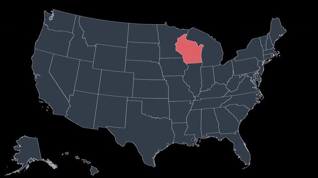 Wisconsin Flashing Red on US Election Map Animation Alpha 4K