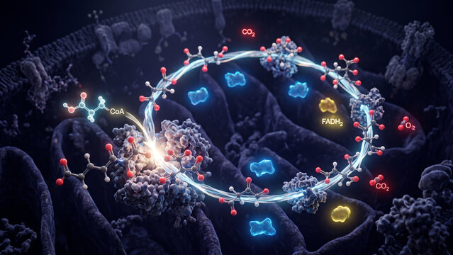 3D medical illustration of the Krebs cycle (citric acid cycle) occurring inside the mitochondrial matrix