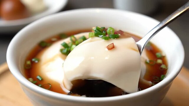 Spoon tofu pudding garnished with chopped green onions and close-up of a tender, water-slip steamed egg