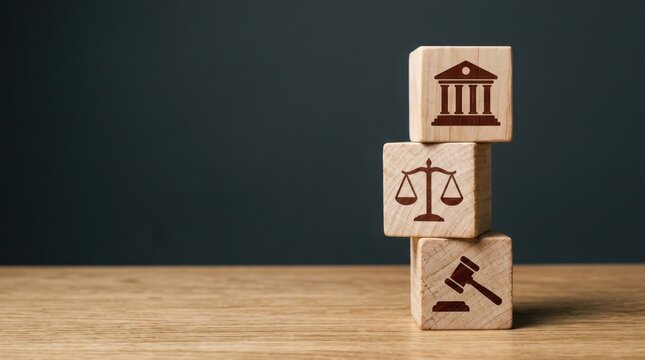 Stacked wooden blocks with law icons on table represent legal system and justice concept featuring symbols of courthouse scales and gavel for professional legal services advocacy and judicial reforms.