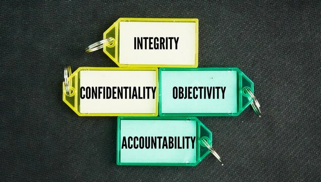 Professional and Business Standards are Integrity, Objectivity, Confidentiality, Accountability word. core values that guide how workers act on the job