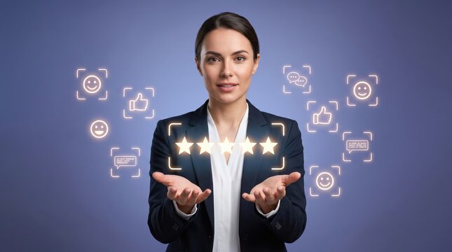 Professional businesswoman presenting five-star customer satisfaction rating with social media icons, representing brand reputation management and positive client feedback