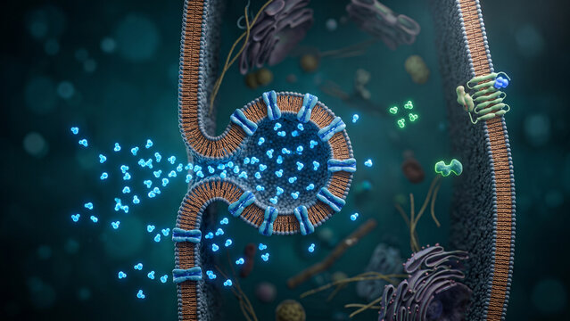 3D medical illustration of synaptic transmission showing vesicle exocytosis, neurotransmitter release, and postsynaptic G-protein-coupled receptor (GPCR) activation
