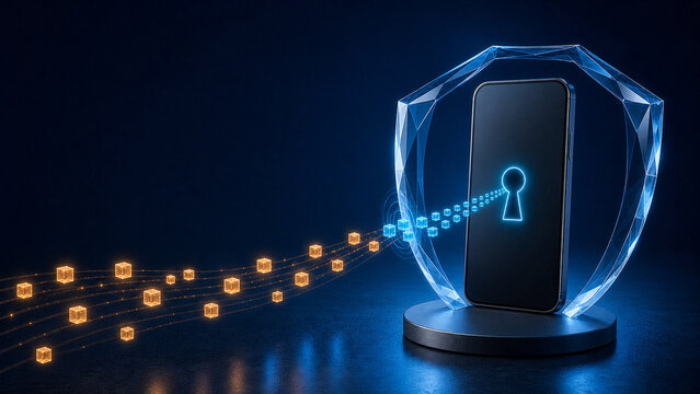 Smartphone protected by a glowing low poly shield as data blocks turn from orange to blue, cyber security concept, 光る盾に守られたスマートフォンと色を変えるデータブロック 3DCG