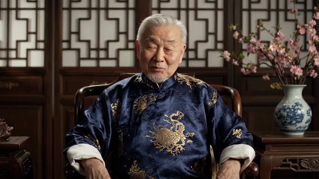 Elderly people in traditional costumes sit indoors, and elderly people in Tang suits