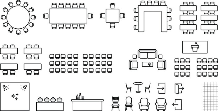 Conference Seating Layout and Event Floor Plan Line Art Icon Set with Meeting Table Arrangement Symbols for Corporate Banquet Office and Exhibition Graphic Designs
