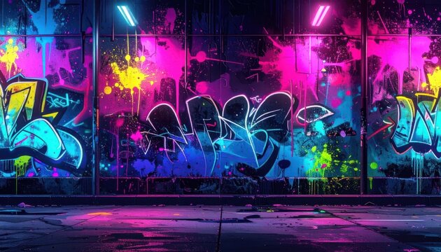 Urban graffiti wall with neon glowing lights