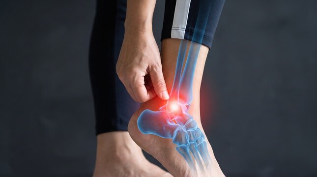 Woman holding painful ankle joint with glowing red inflammation overlay and blue x-ray bone structure visualization against dark grey background indicating injury or arthritis.