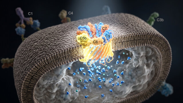 3D medical illustration of the membrane attack complex (MAC) of the complement system forming a pore in a cell membrane