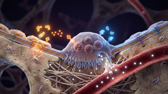 3D medical illustration of osteoclast bone resorption regulated by the RANK, RANKL, and OPG signaling pathway