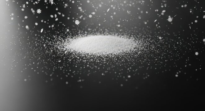 Detailed shot of white powder spread on black background, emphasizing texture and contrast for commercial use.
