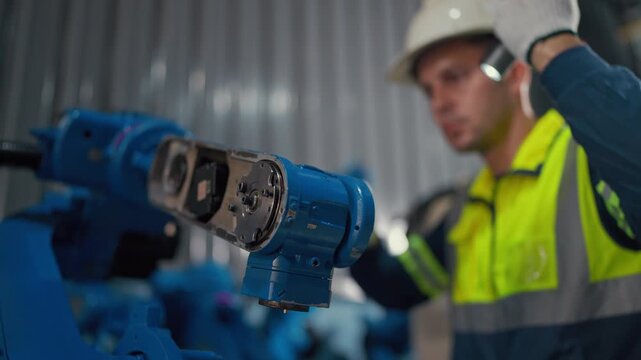 Technician checks robotic arm in factory setting. Worker wears safety gear and white helmet. He focuses intently on diagnostic tools