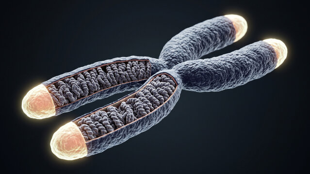 3D medical illustration of chromosome anatomy showing glowing telomeres on the chromatid ends and internal chromatin structure