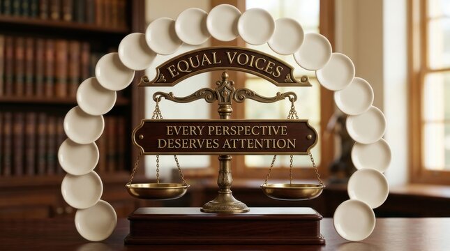 Vintage brass justice scales with equal voices and every perspective deserves attention text displayed in a classic library setting representing social equality and fair representation for all people.