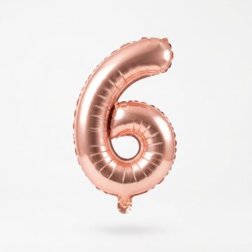 Rose gold number six balloon floating in air. Elegant metallic party decoration for milestone celebrations and events.