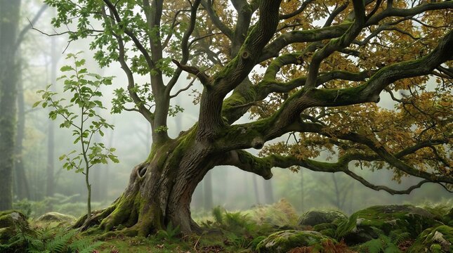 Ancient moss covered oak tree with gnarled branches in misty forest