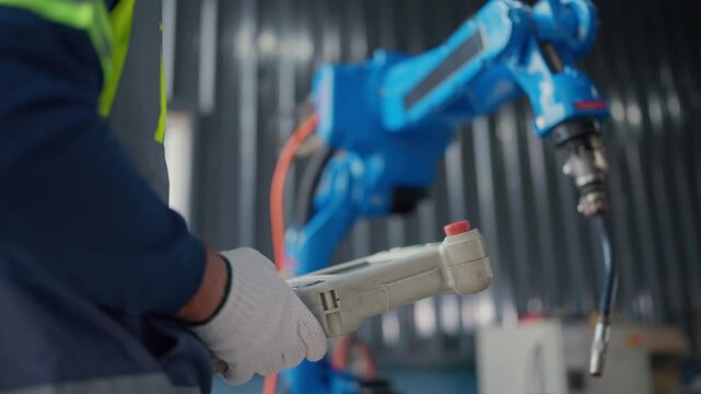Worker controls robotic arm in factory setting. Hands grip controller with focused intent. Blue arm moves precisely in industrial space