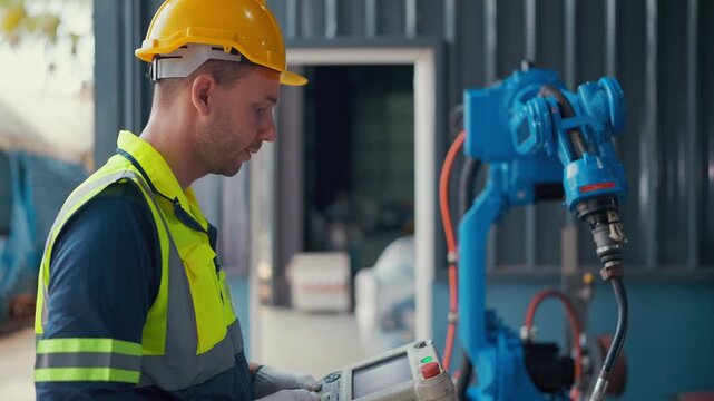 Worker inspects robot arm with handheld device. Yellow helmet and reflective vest mark safety. Industrial setting shows machinery and metal walls