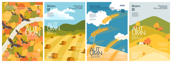 Obraz premium Set of nature landscape autumn backgrounds with trees and flying mallard, field with bales of hay, ears of wheat, hills and house. Simple fall design for cover, poster, banner, flyer, print, wallpaper