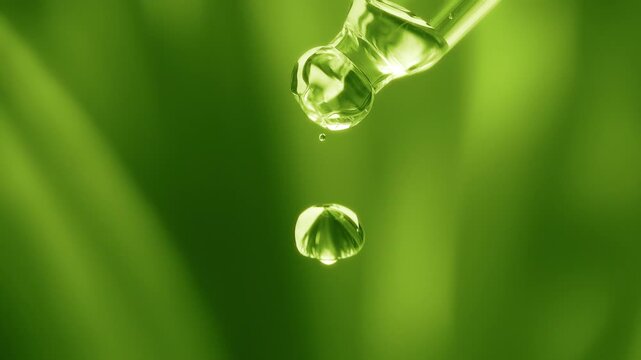 Macro shot of a clear plant extract or tea tree oil droplet falling from a glass pipette with a bokeh green leaf background in slow motion