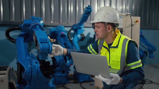 Worker inspects robotic arm with laptop. He wears safety gear and gloves. He focuses on device, hand steady. Scene shows modern industrial maintenance