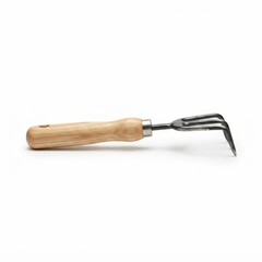 Fototapeta premium Handheld garden weeding tool with wooden handle. Manual cultivator fork for soil aeration and weed removal in organic gardening.