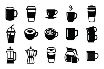 Obraz premium Collection of various coffee cups and brewing equipment icons in a minimalist black and white silhouette