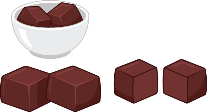 Vector illustration set of dark brown jelly cubes resembling grass jelly or chocolate pieces served in a white bowl and isolated on a white background.
