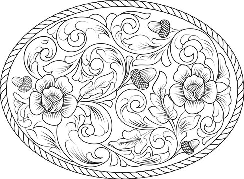 Western Floral Scrollwork Belt Buckle Engraving Vector Design