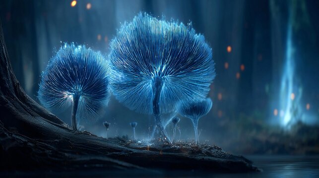 Bioluminescent Fungi Illuminating a Dark, Enchanted Forest Floor