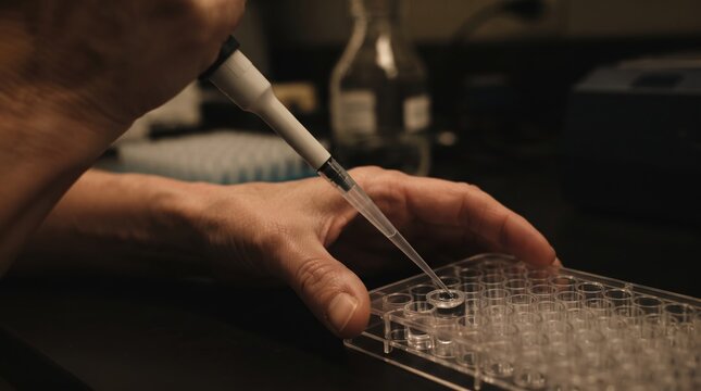 A researcher skillfully uses a micropipette to transfer liquid into small wells on a lab plate during a scientific experiment. The environment is focused and precise.