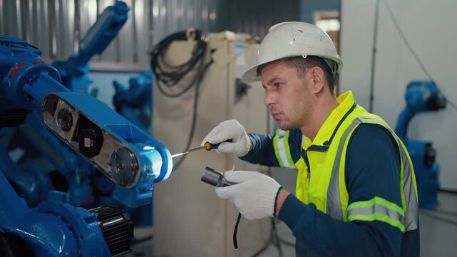 Technician checks robotic arm in factory setting. Worker wears safety gear and white helmet. He focuses intently on diagnostic tools